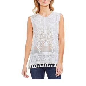 Vince Camuto Tunic Women's Ivory Sleeveless Tunic Sheer Lace Tassel Hem -S